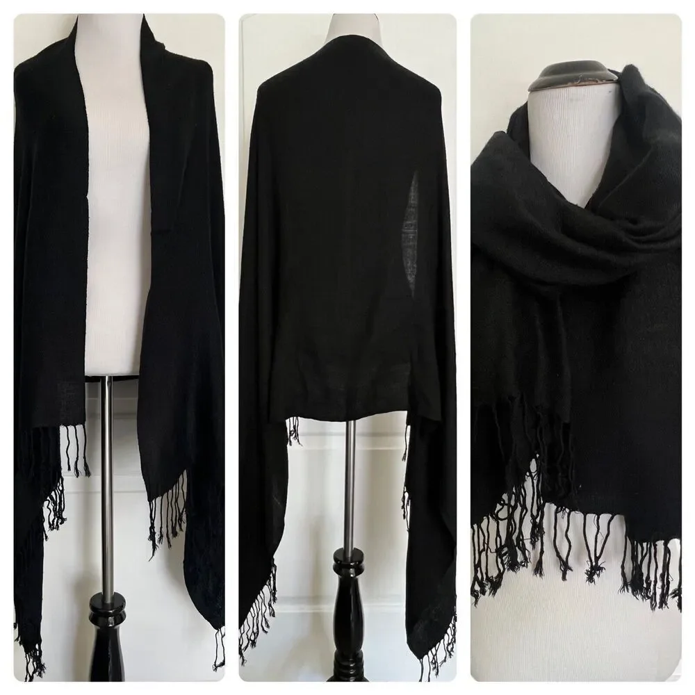 Los Angeles Boutique Black Scarf Wrap Shawl Fringe Tassel Classic Subtle Paisley